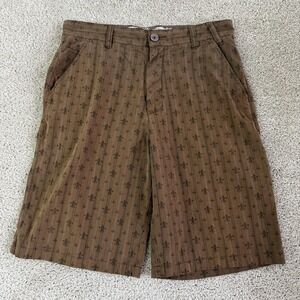 Y2K Micros Chino Shorts Mens 34 Brown Striped Fleur De Lis Canvas Summer Casual